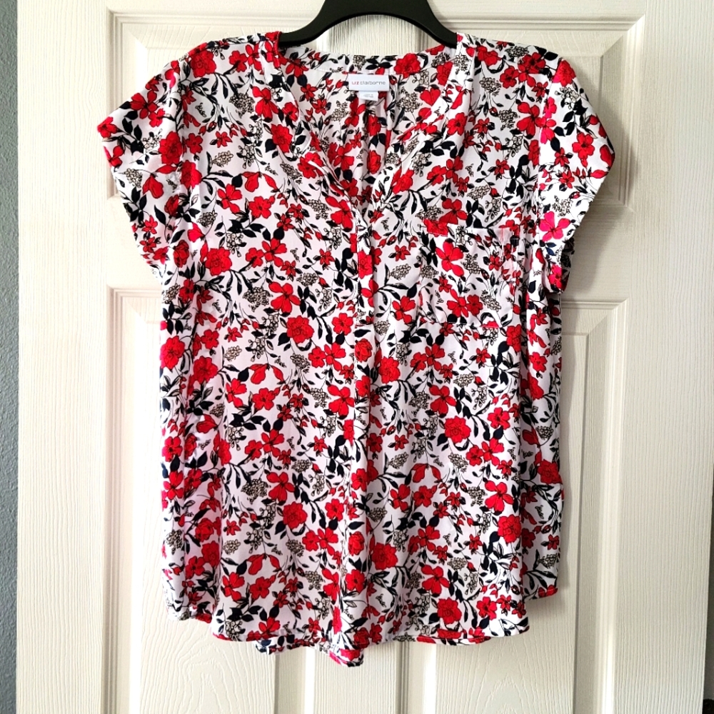 Liz Claiborne Womens Split Crew Neck Short Sleeve Blouse